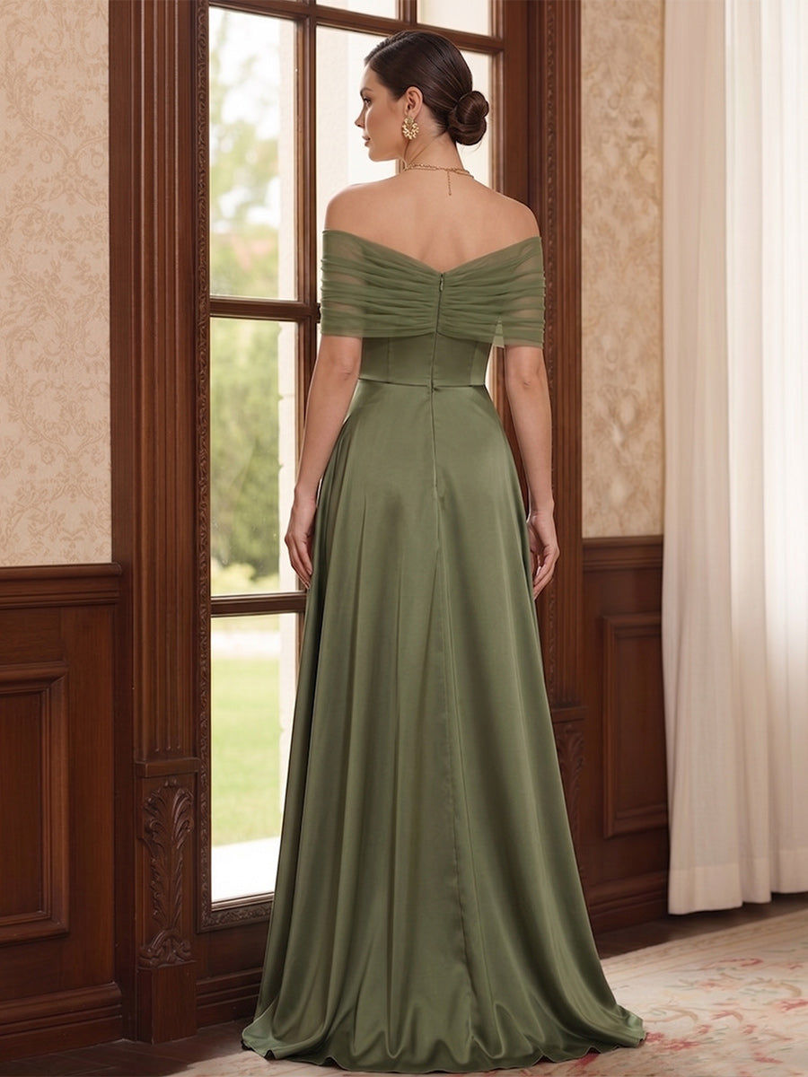 A-Line/Princess Asymmetrical Short Sleeves Floor-Length Mother of the Bride Dresses with Split Side &amp; Ruched