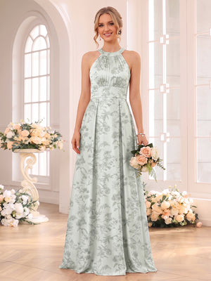 A-Line/Princess Halter Sleeveless Floor-Length Bridesmaid Dresses with Ruched