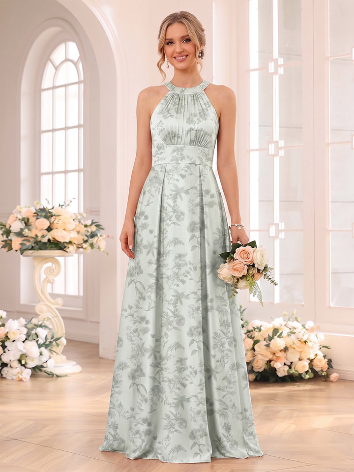 A-Line/Princess Halter Sleeveless Floor-Length Bridesmaid Dresses with Ruched