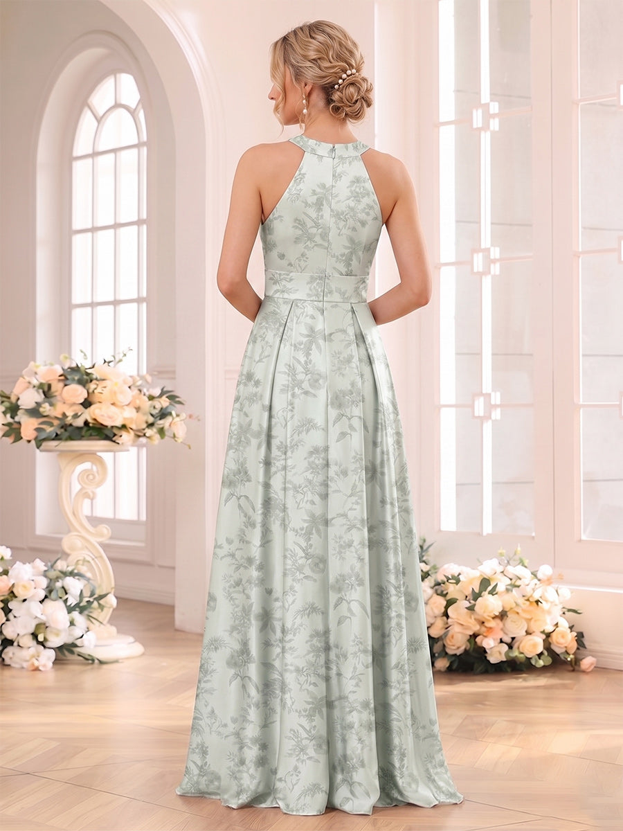 A-Line/Princess Halter Sleeveless Floor-Length Bridesmaid Dresses with Ruched