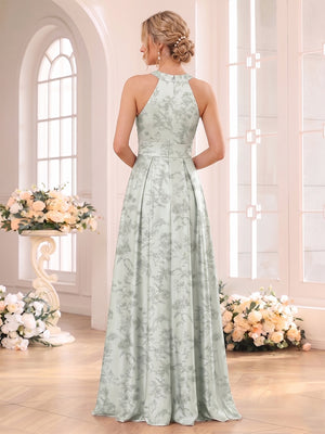 A-Line/Princess Halter Sleeveless Floor-Length Bridesmaid Dresses with Ruched