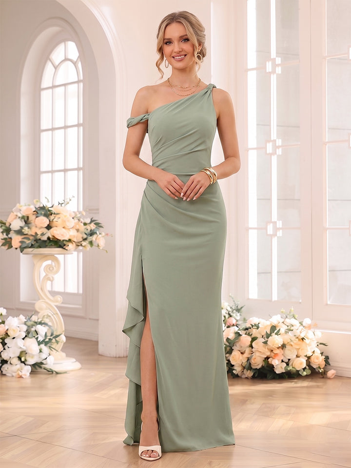 Sheath/Column One-Shoulder Sleeveless Floor-Length Bridesmaid Dresses with Ruched &amp; Ruffles