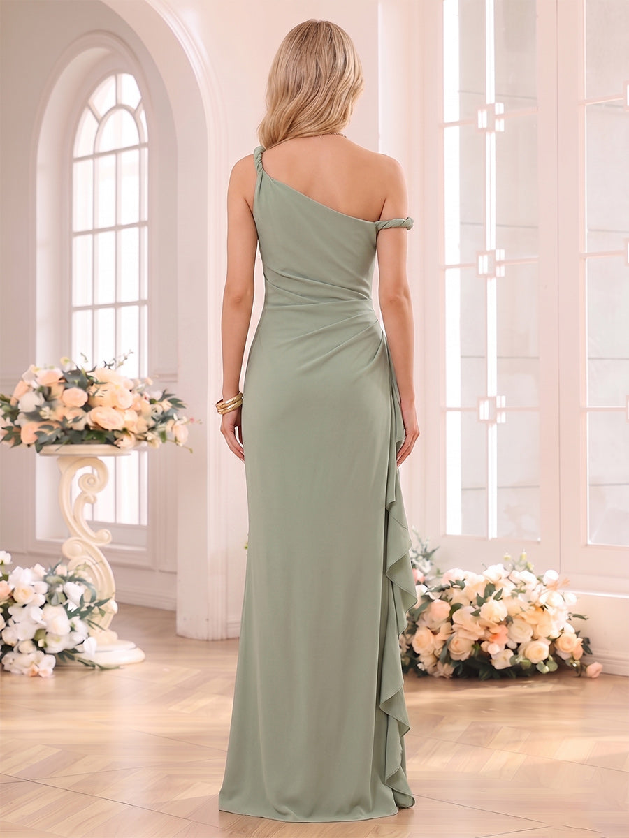 Sheath/Column One-Shoulder Sleeveless Floor-Length Bridesmaid Dresses with Ruched &amp; Ruffles