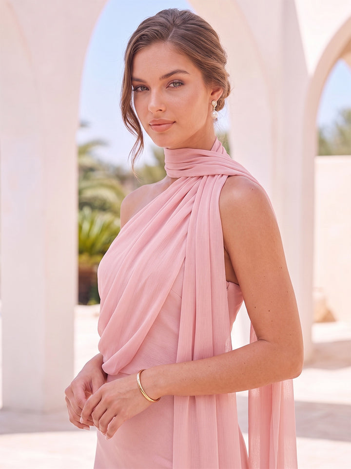 Trumpet/Mermaid One-shoulder Sleeveless Asymmetrical Cocktail Dresses With neck scarf