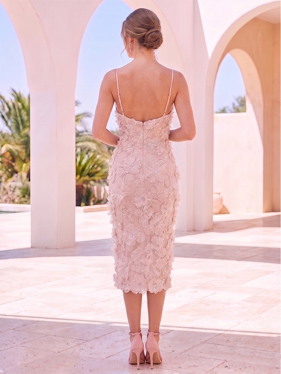 Lavetir Sheath/Column Spaghetti Straps Sleeveless Knee-Length Cocktail Dresses With 3D Floral & Embroidery 2026