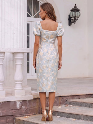 Sheath/Column Square Neck Puff Sleeves Knee-Length Cocktail Dresses With Split Side