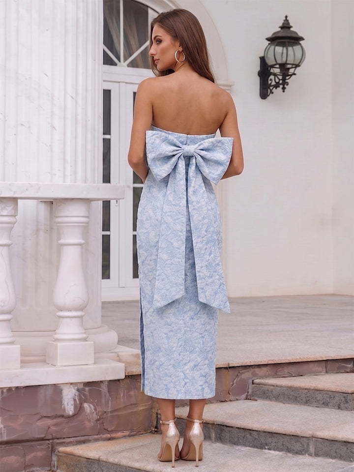 Sheath/Column Strapless Sleeveless Tea-Length Cocktail Dresses With Split Side &amp; Bowknot