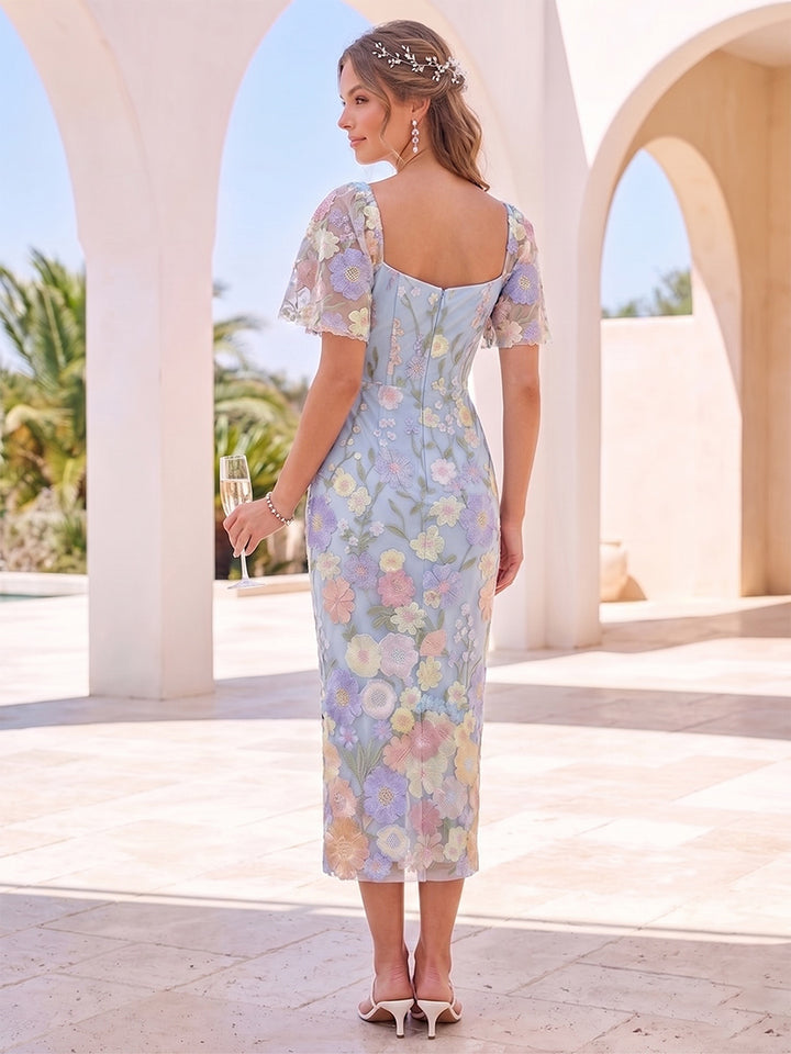 Sheath/Column Sweetheart Short Sleeves Tea-Length Cocktail Dresses With Embroidery &amp; Flower