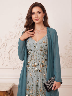 A-Line/Princess V-Neck Long Sleeves Ankle-Length Mother of the Bride Dresses with Jacket & Applique