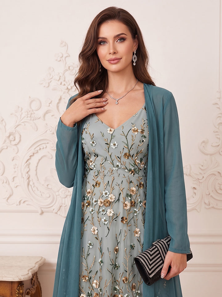A-Line/Princess V-Neck Long Sleeves Ankle-Length Mother of the Bride Dresses with Jacket &amp; Applique
