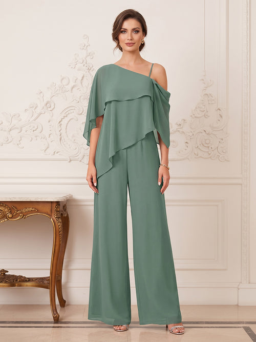 Jumpsuit 2 Pieces One-Shoulder Cap Sleeves Floor-Length Mother of the Bride Dresses with Ruffles