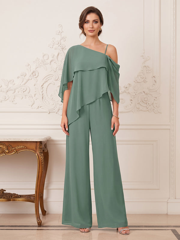 Jumpsuit 2 Pieces One-Shoulder Cap Sleeves Floor-Length Mother of the Bride Dresses with Ruffles