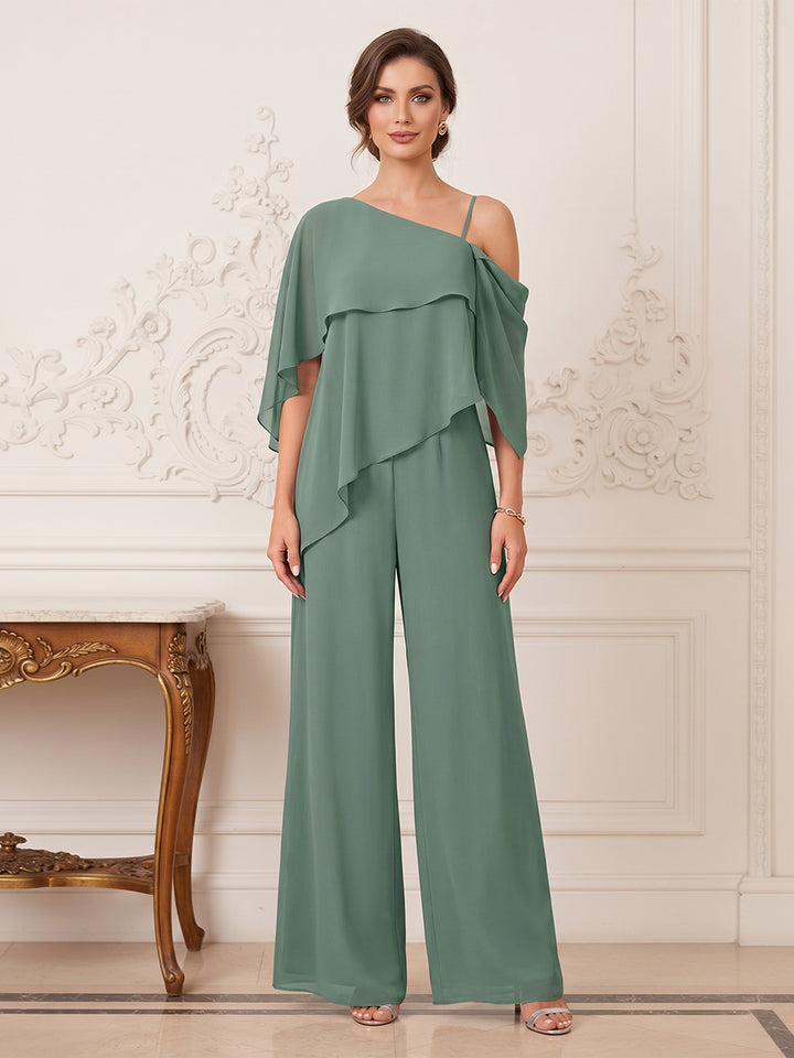 Jumpsuit 2 Pieces One-Shoulder Cap Sleeves Floor-Length Mother of the Bride Dresses with Ruffles