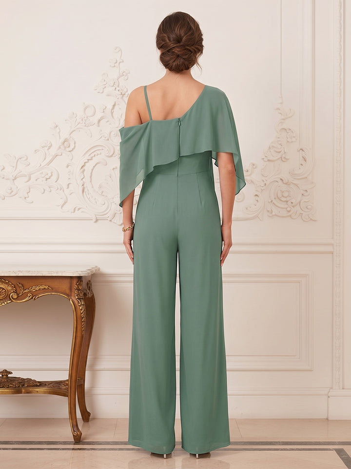 Jumpsuit 2 Pieces One-Shoulder Cap Sleeves Floor-Length Mother of the Bride Dresses with Ruffles