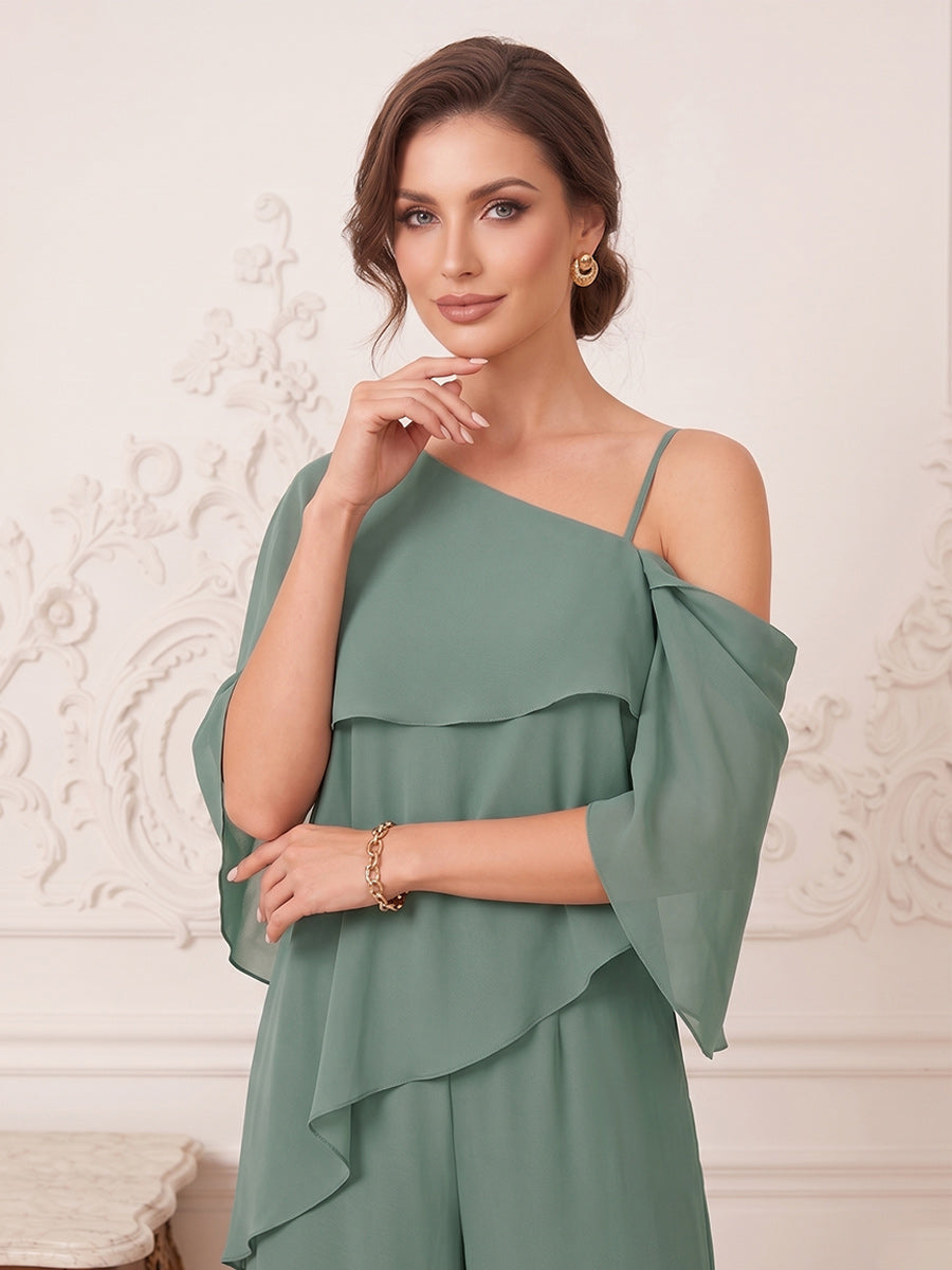 Jumpsuit 2 Pieces One-Shoulder Cap Sleeves Floor-Length Mother of the Bride Dresses with Ruffles