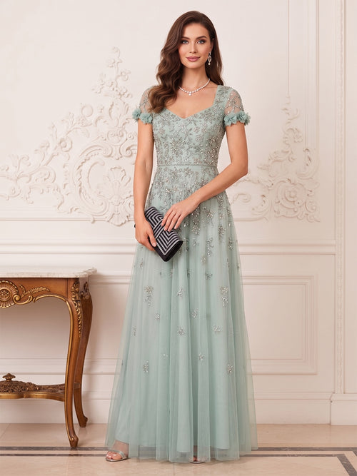 A-Line/Princess V-Neck Short Sleeves Floor-Length Mother of the Bride Dresses with Appliques & Lace