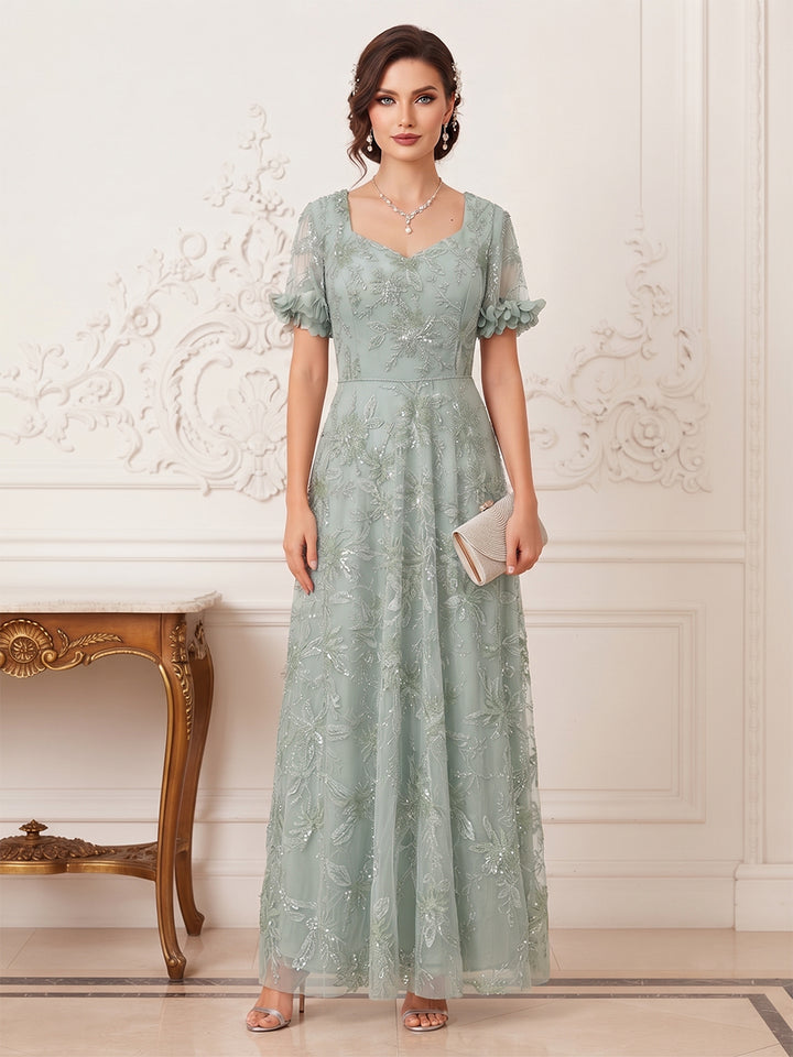 A-Line/Princess V-Neck Short Sleeves Floor-Length Mother of the Bride Dresses with Appliques &amp; Lace