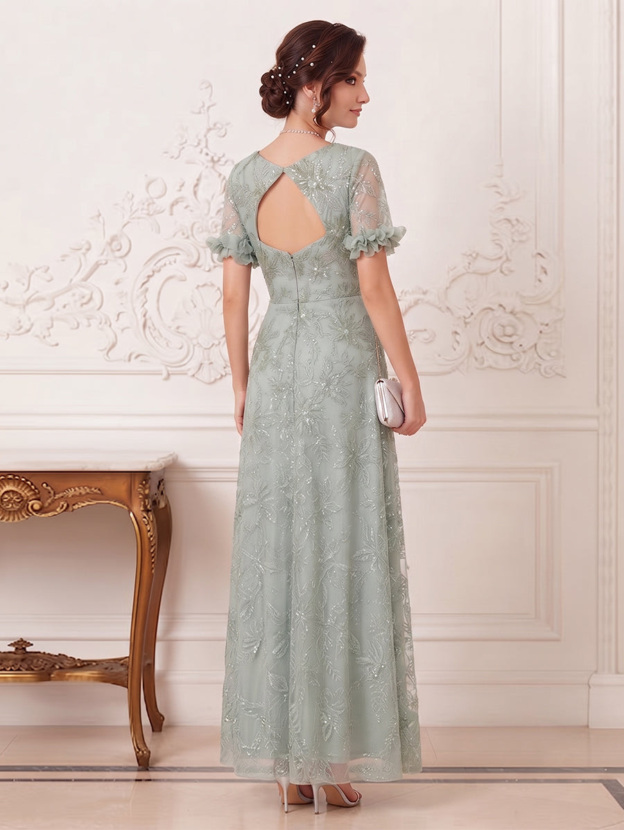 A-Line/Princess V-Neck Short Sleeves Floor-Length Mother of the Bride Dresses with Appliques &amp; Lace