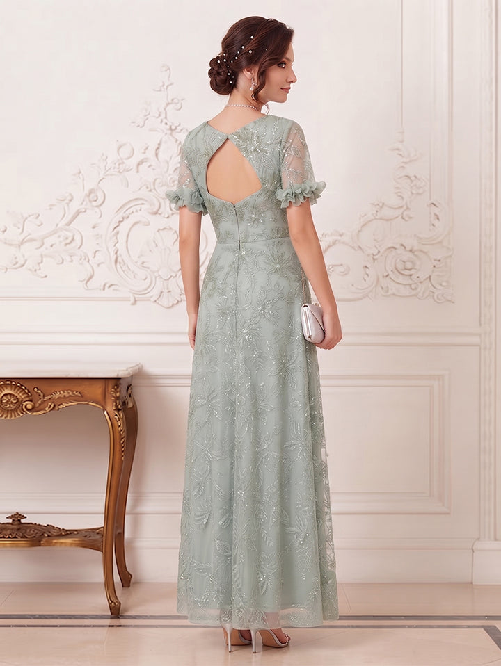 A-Line/Princess V-Neck Short Sleeves Floor-Length Mother of the Bride Dresses with Appliques &amp; Lace