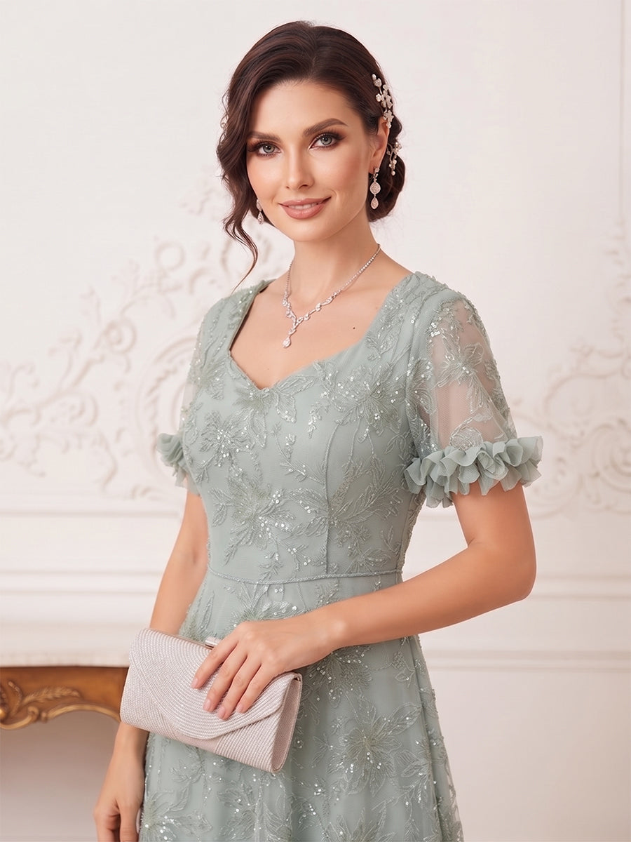 A-Line/Princess V-Neck Short Sleeves Floor-Length Mother of the Bride Dresses with Appliques &amp; Lace