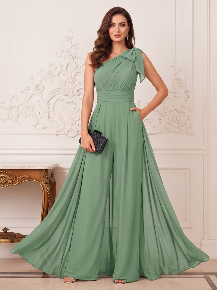 Jumpsuit 2 Pieces One-Shoulder Sleeveless Floor-Length Mother of the Bride Dresses with Bowknot