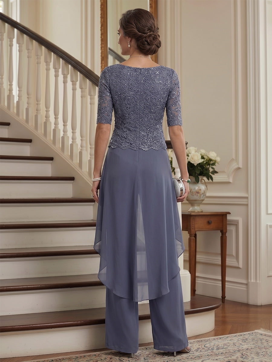 Jumpsuit 2 Pieces Scoop Half Sleeves Floor-Length Mother of the Bride Dresses with Applique &amp; Belt