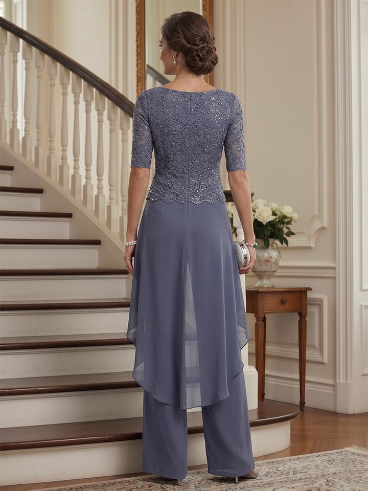 Jumpsuit 2 Pieces Scoop Half Sleeves Floor-Length Mother of the Bride Dresses with Applique &amp; Belt