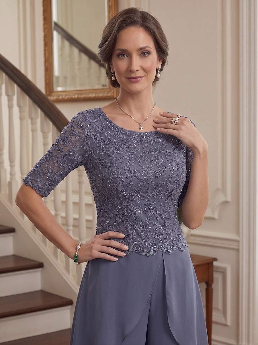 Jumpsuit 2 Pieces Scoop Half Sleeves Floor-Length Mother of the Bride Dresses with Applique &amp; Belt