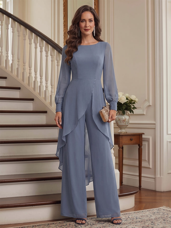Jumpsuit 2 Pieces Scoop Long Sleeves Floor-Length Mother of the Bride Dresses with Ruffles