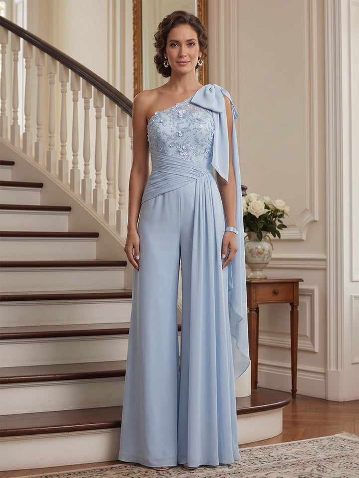 Jumpsuit 2 Pieces One-Shoulder Sleeveless Floor-Length Mother of the Bride Dresses with Bowknot &amp; 3D Floral