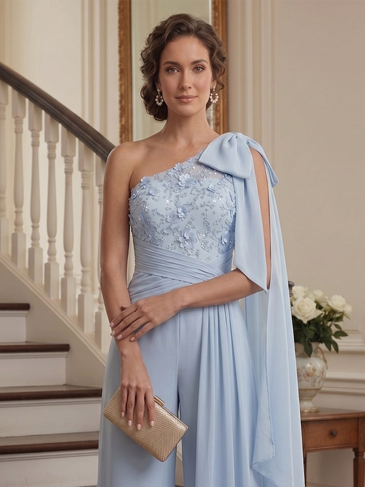 Jumpsuit 2 Pieces One-Shoulder Sleeveless Floor-Length Mother of the Bride Dresses with Bowknot &amp; 3D Floral