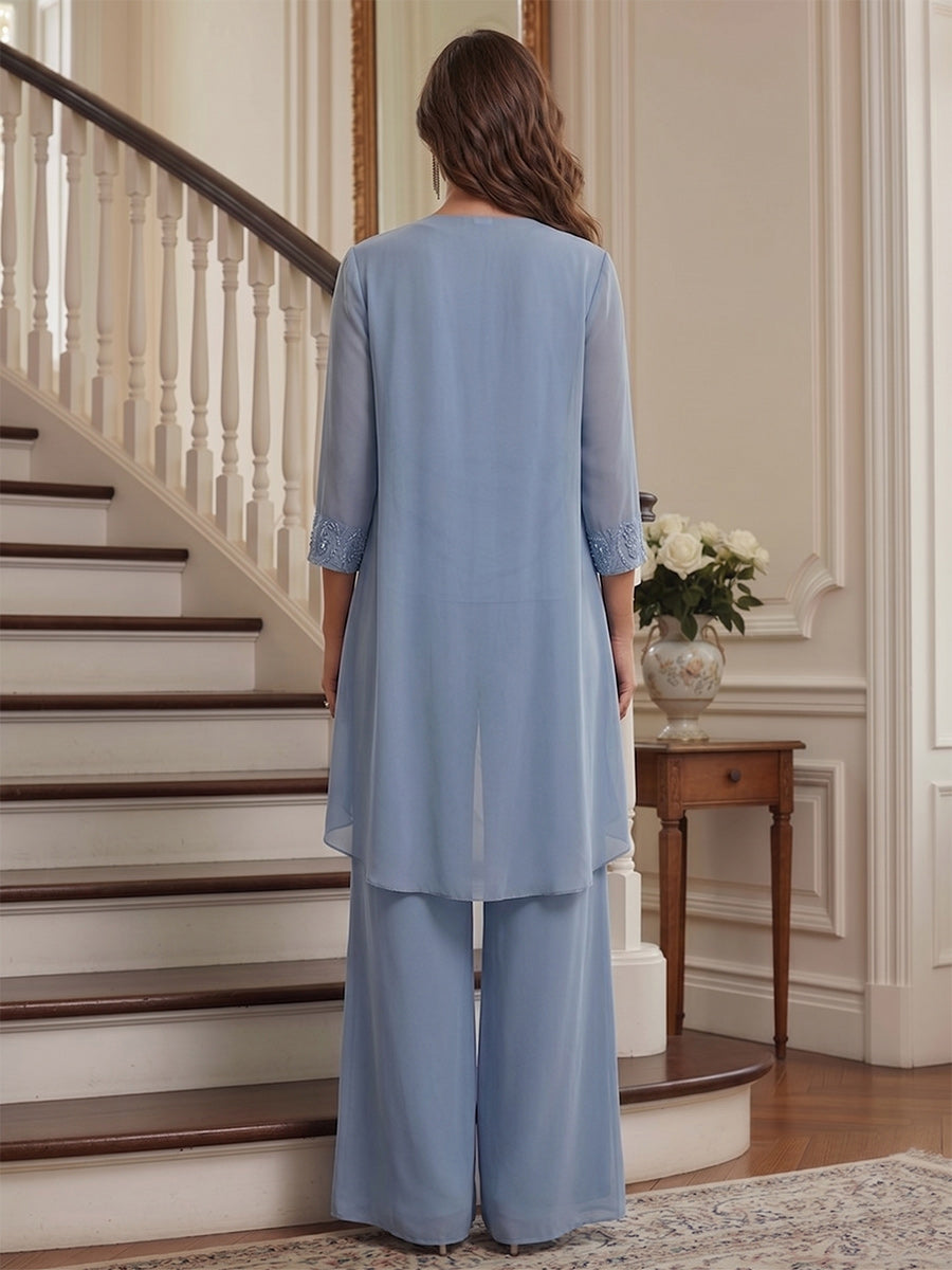 Jumpsuit 3 Pieces Scoop Long Sleeves Floor-Length Mother of the Bride Dresses with Sequins &amp; Applique