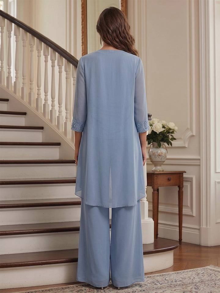 Jumpsuit 3 Pieces Scoop Long Sleeves Floor-Length Mother of the Bride Dresses with Sequins &amp; Applique