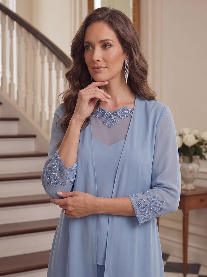 Jumpsuit 3 Pieces Scoop Long Sleeves Floor-Length Mother of the Bride Dresses with Sequins &amp; Applique