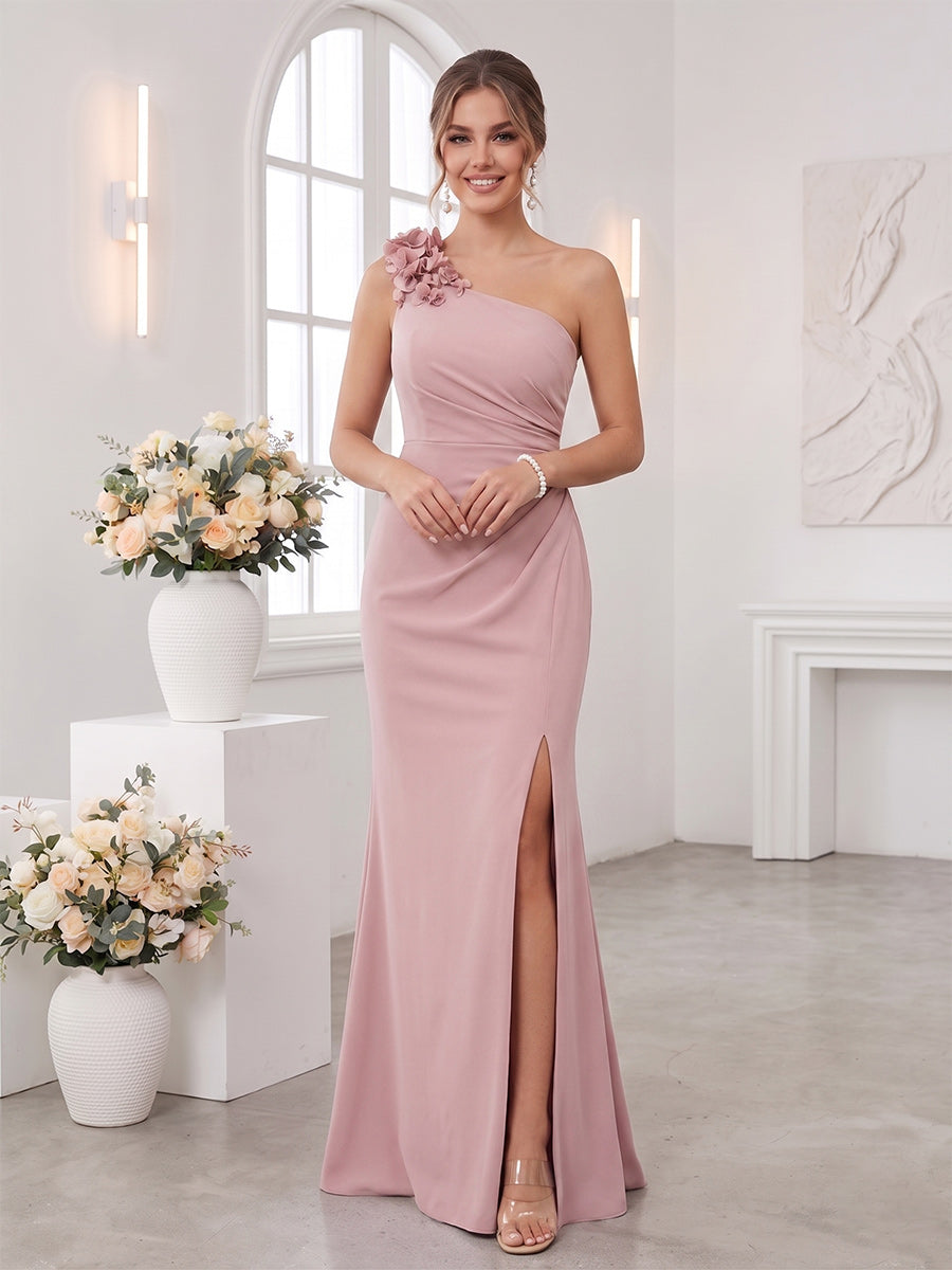 Lavetir Sheath/Column One-Shoulder Sleeveless Floor-Length Bridesmaid Dresses with 3D Floral & Split Side 2026
