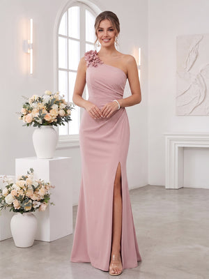 Sheath/Column One-Shoulder Sleeveless Floor-Length Bridesmaid Dresses with 3D Floral & Split Side