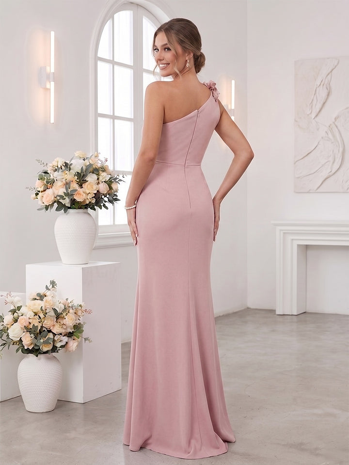 Sheath/Column One-Shoulder Sleeveless Floor-Length Bridesmaid Dresses with 3D Floral &amp; Split Side