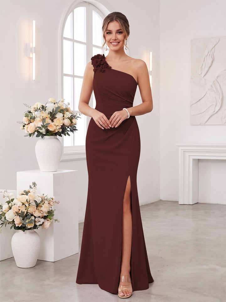 Sheath/Column One-Shoulder Sleeveless Floor-Length Bridesmaid Dresses with 3D Floral &amp; Split Side