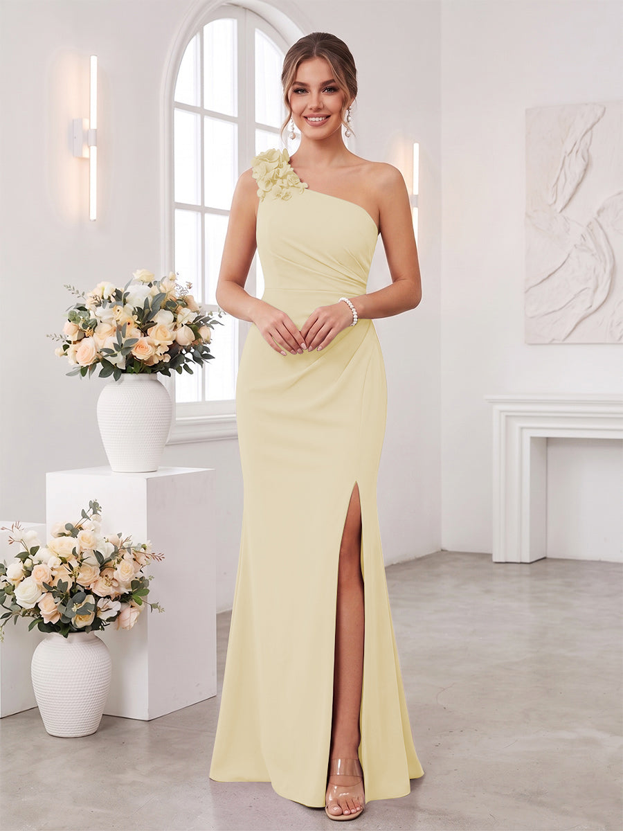 Sheath/Column One-Shoulder Sleeveless Floor-Length Bridesmaid Dresses with 3D Floral &amp; Split Side