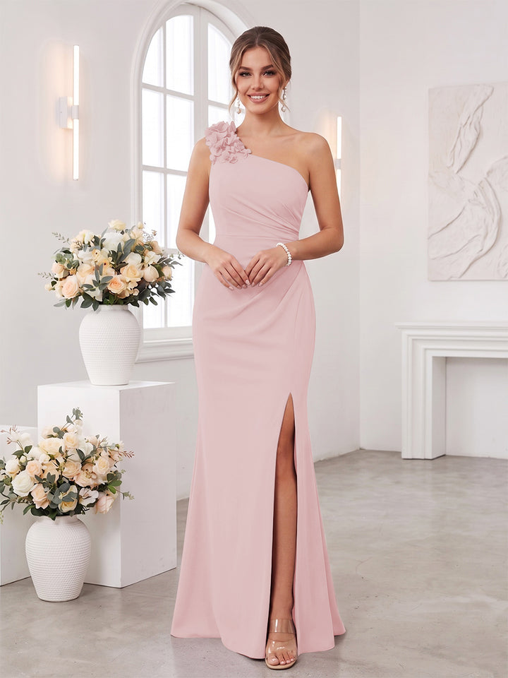 Sheath/Column One-Shoulder Sleeveless Floor-Length Bridesmaid Dresses with 3D Floral &amp; Split Side