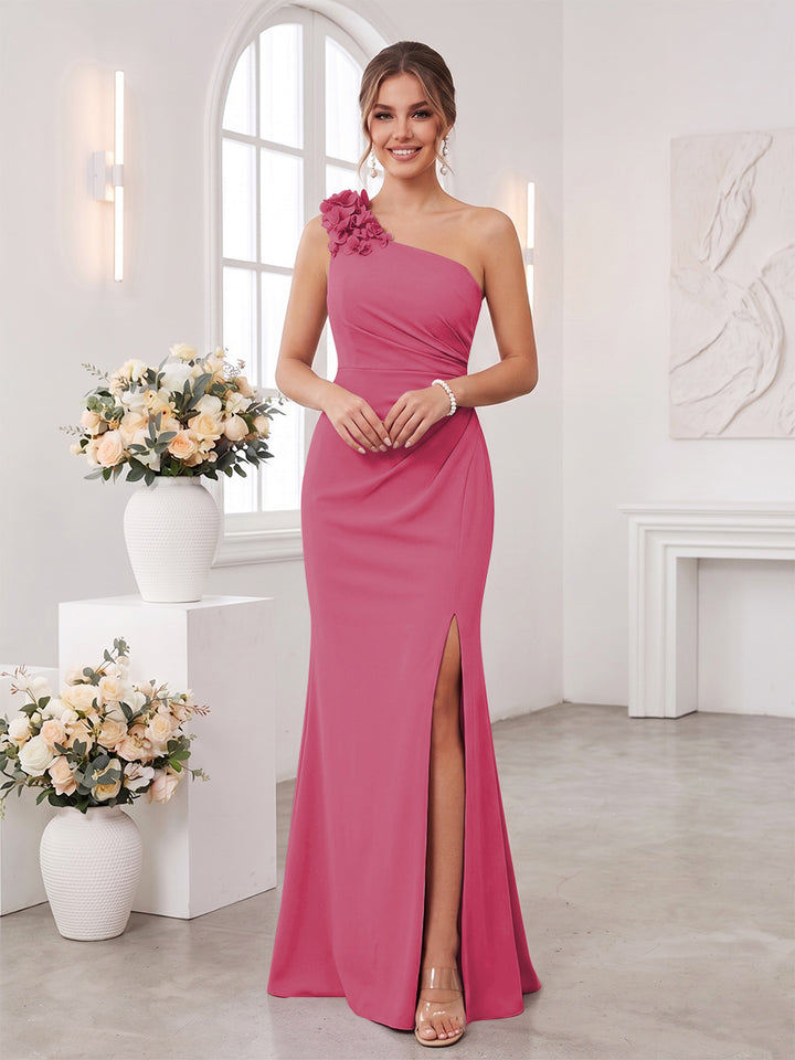 Sheath/Column One-Shoulder Sleeveless Floor-Length Bridesmaid Dresses with 3D Floral &amp; Split Side