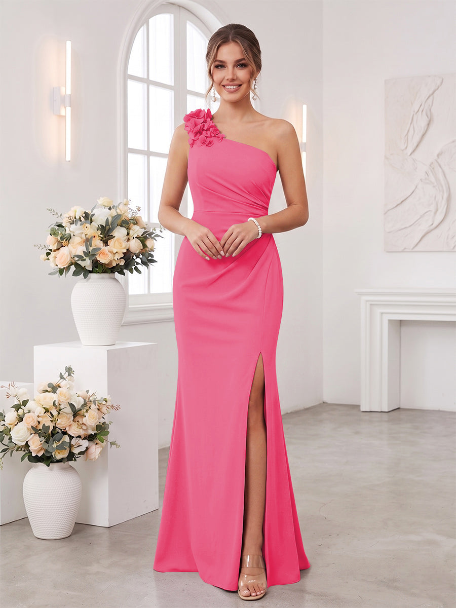 Sheath/Column One-Shoulder Sleeveless Floor-Length Bridesmaid Dresses with 3D Floral &amp; Split Side