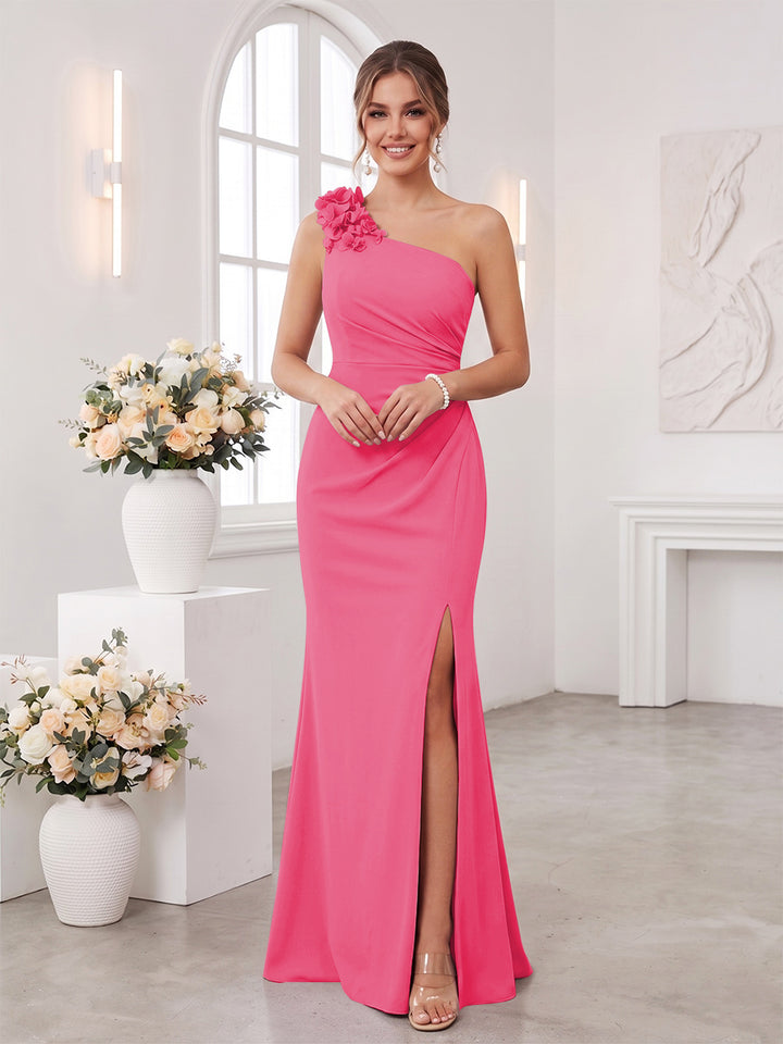 Sheath/Column One-Shoulder Sleeveless Floor-Length Bridesmaid Dresses with 3D Floral &amp; Split Side