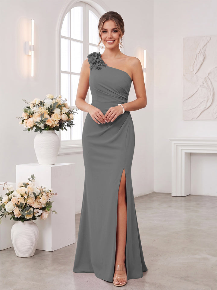 Sheath/Column One-Shoulder Sleeveless Floor-Length Bridesmaid Dresses with 3D Floral &amp; Split Side