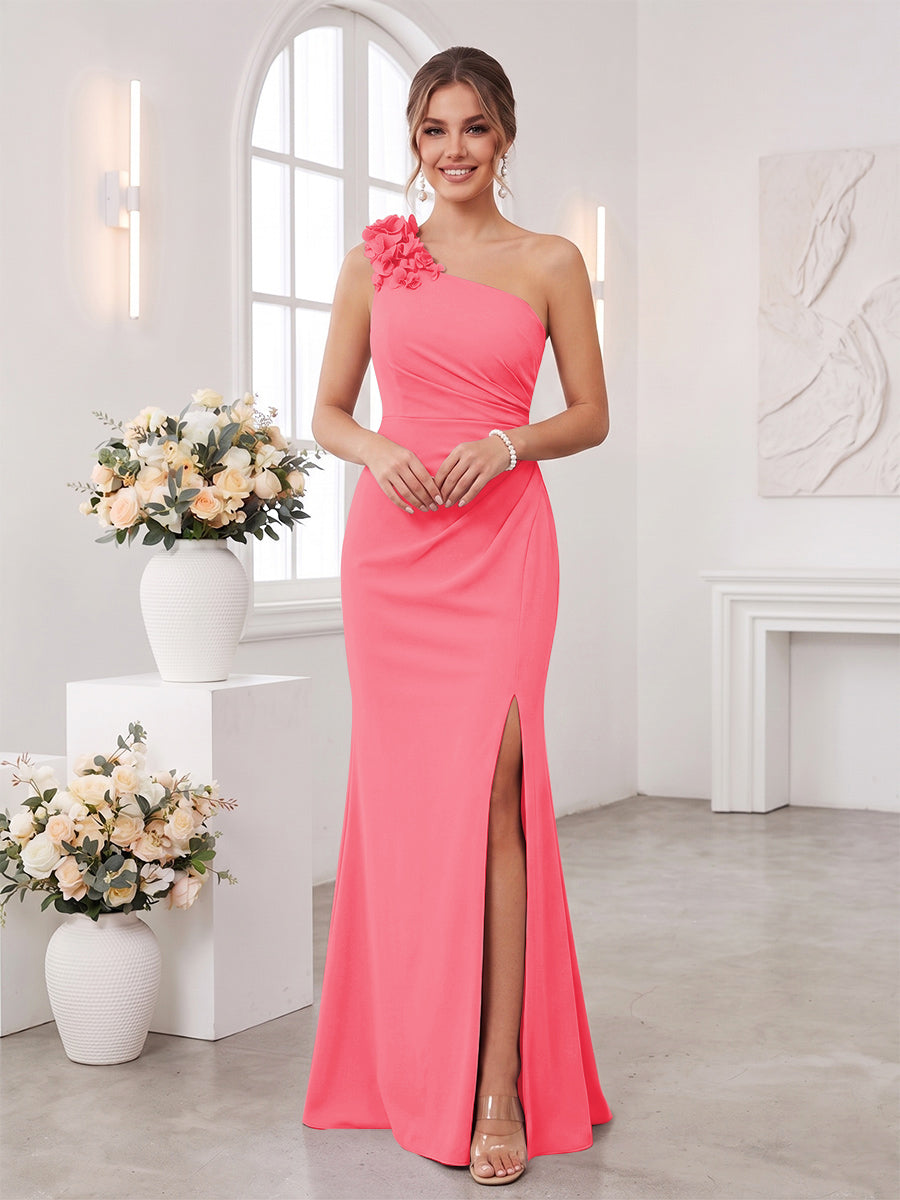 Sheath/Column One-Shoulder Sleeveless Floor-Length Bridesmaid Dresses with 3D Floral &amp; Split Side