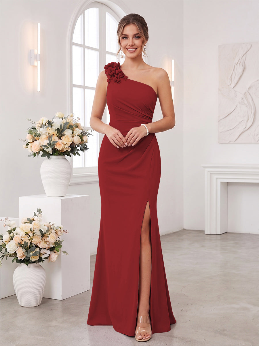 Sheath/Column One-Shoulder Sleeveless Floor-Length Bridesmaid Dresses with 3D Floral &amp; Split Side