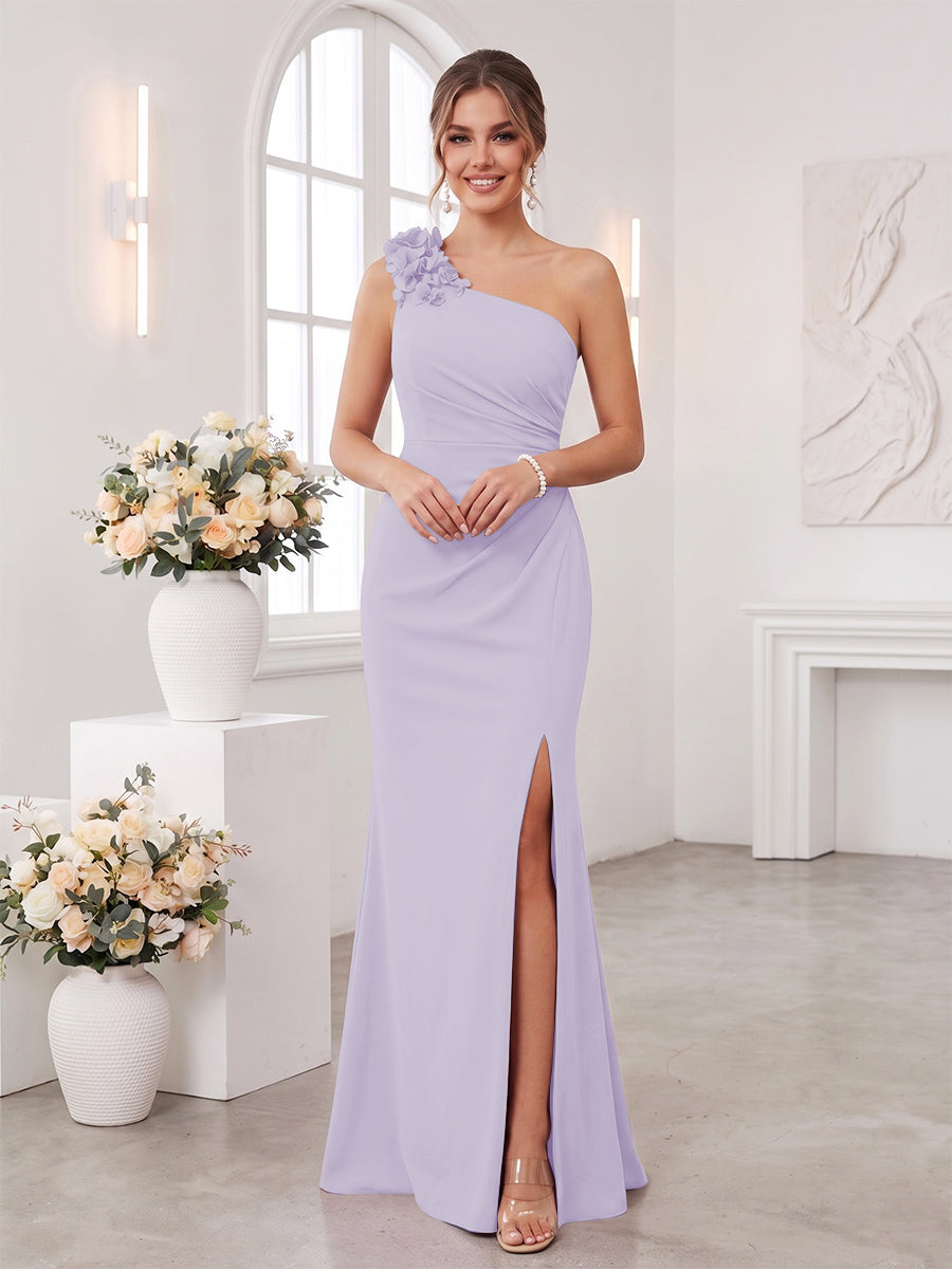 Sheath/Column One-Shoulder Sleeveless Floor-Length Bridesmaid Dresses with 3D Floral &amp; Split Side