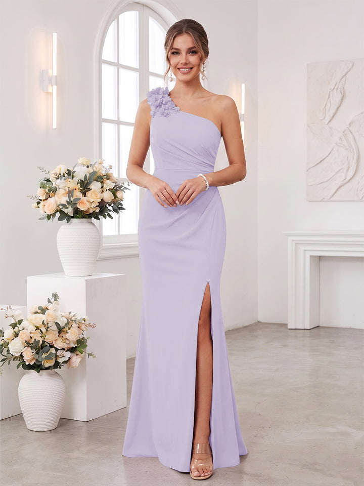 Sheath/Column One-Shoulder Sleeveless Floor-Length Bridesmaid Dresses with 3D Floral &amp; Split Side