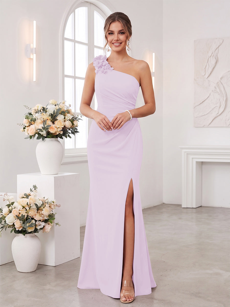 Sheath/Column One-Shoulder Sleeveless Floor-Length Bridesmaid Dresses with 3D Floral &amp; Split Side