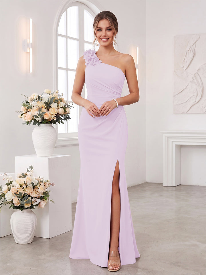 Sheath/Column One-Shoulder Sleeveless Floor-Length Bridesmaid Dresses with 3D Floral &amp; Split Side